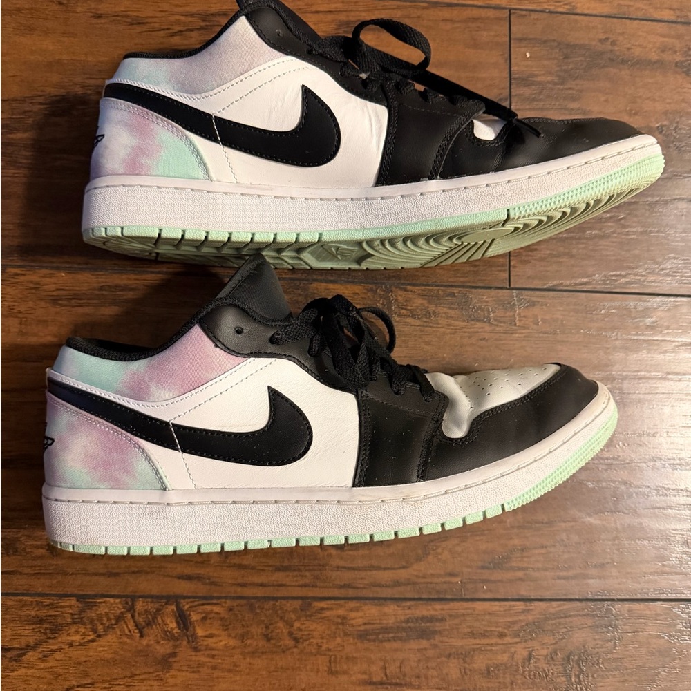 Jordan 1 Low Tops. Black, white and teal/purple tie-dye